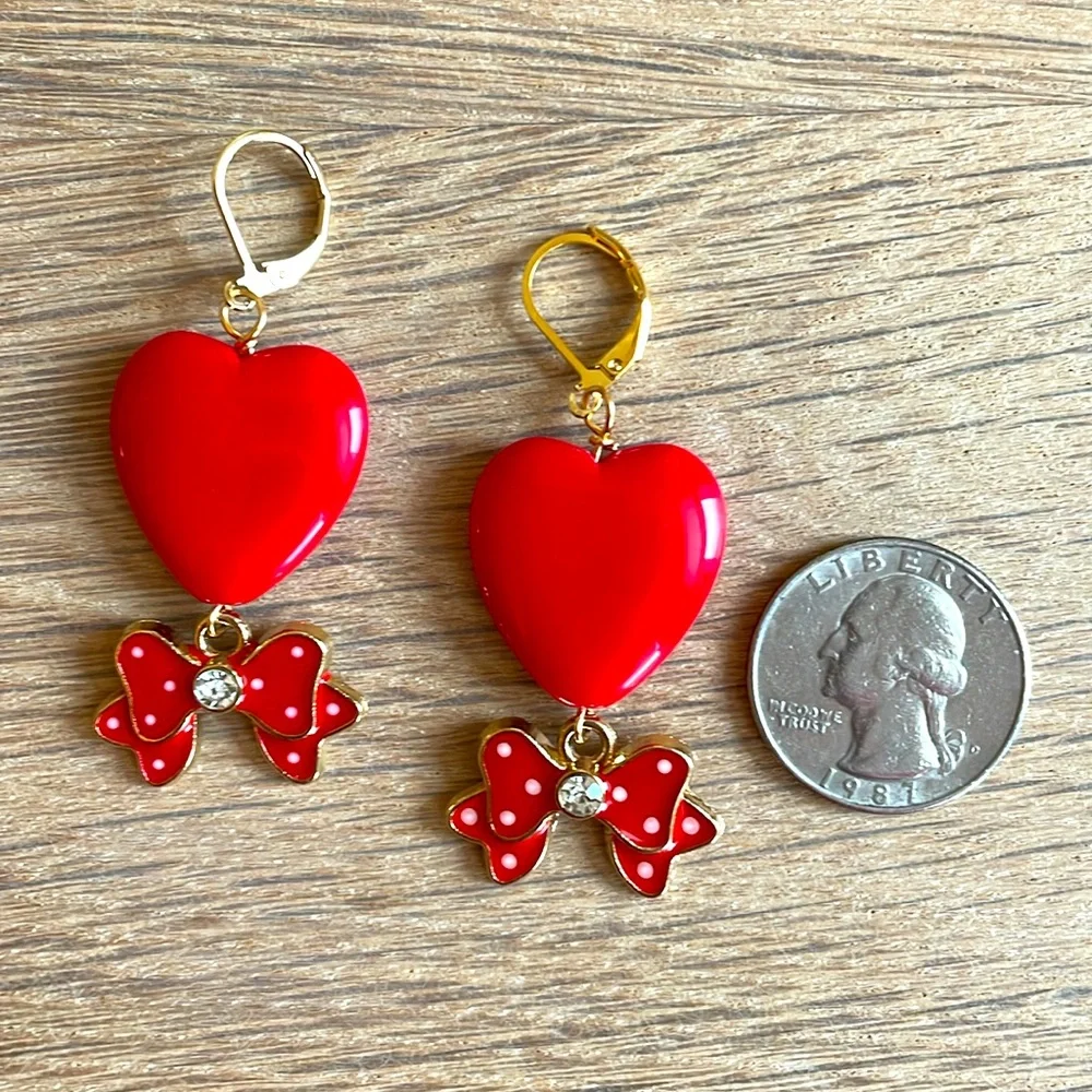 HAND CRAFTED WHIMSICAL RED VALENTINE HEARTS PIERCED EARRINGS Red Gold